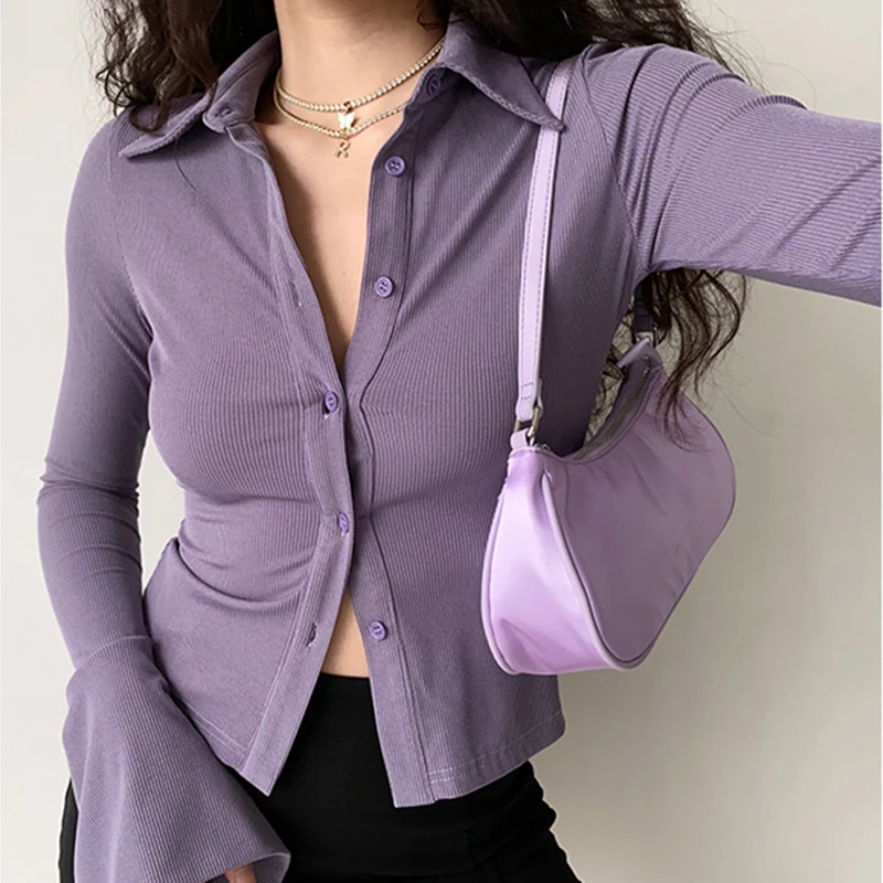 Blouses polo lapel single-breasted flared Collar Solid sleeve shirt Five-color women\'s slim long-sleeve Casual Streetwear top