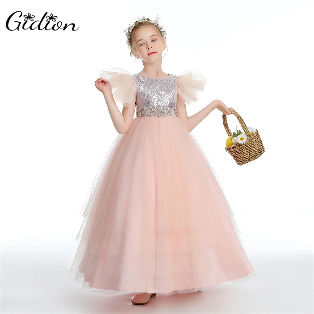 Peal Pink Ruffles Flower Girls Dresses for Weddings Party Kids Baby Birthday Gowns Little Princess Pageant Gowns Tiered Skirts