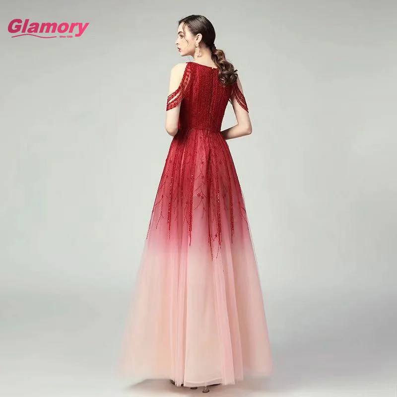 Gradient Red A Line Sleeveless Elegant Luxury Evening Dresses Beading Tassel Gowns For Women Party