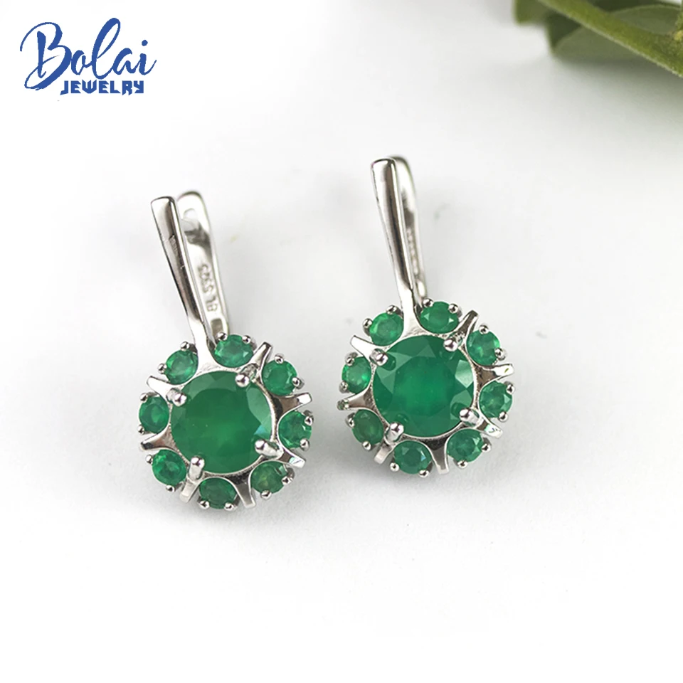 

Bolai 100% Natural Green Agate Earrings, 925 Sterling Silver, 7.0mm Gemstone Fine Jewelry for Women Gift Elegant Good Quality