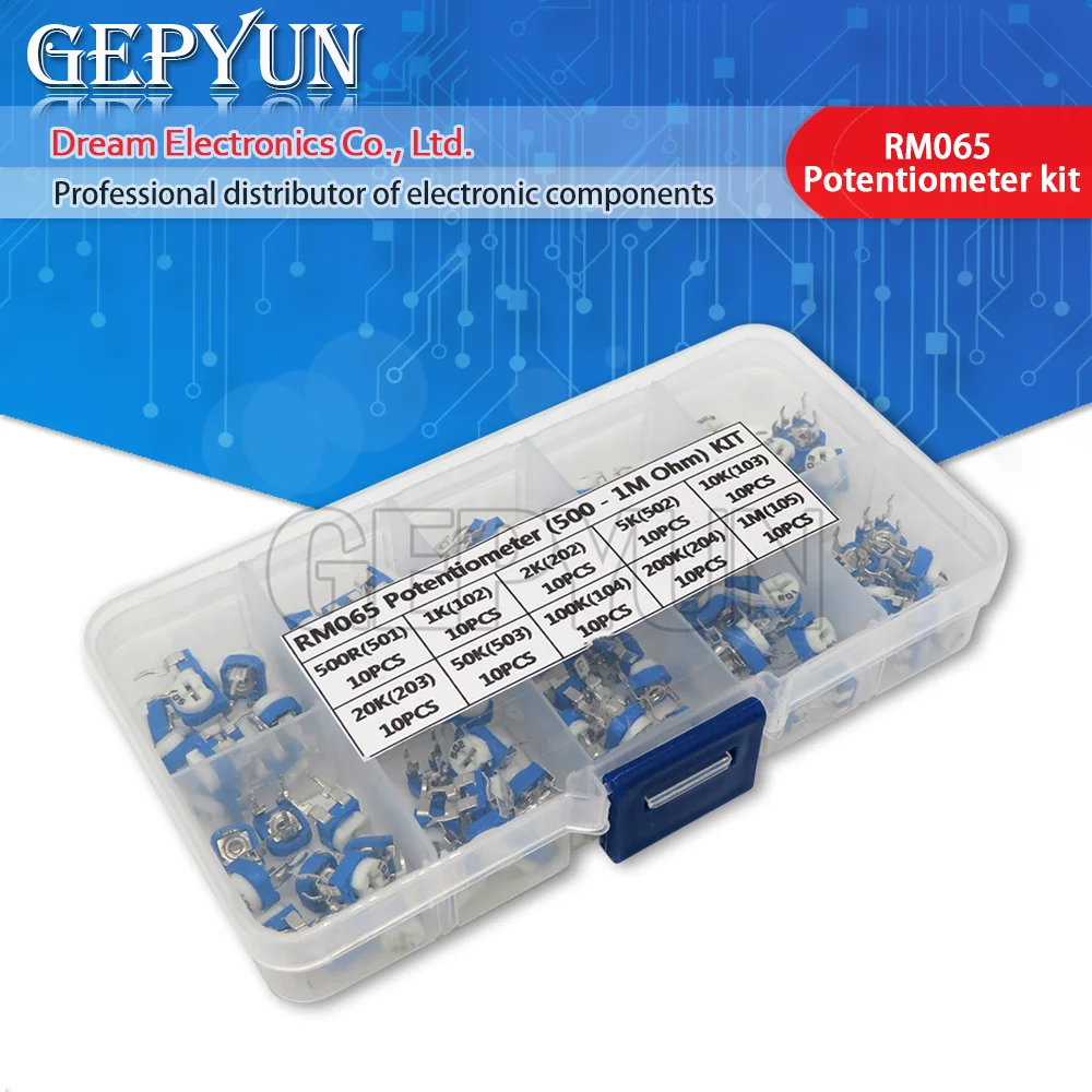 100 개/상자 RM065 전위차계 가변 저항 키트 500 - 1M 옴 멀티 턴 트리머 전위차계 세트 가변 저항기 키트