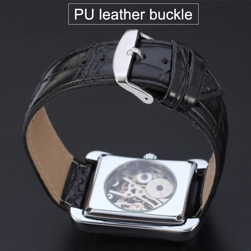 NEW Winner Brand Watches Men Rectangle Mechanical Hand Wind Watches Male Golden Skeleton Dial Artificial Leather Wristwatches