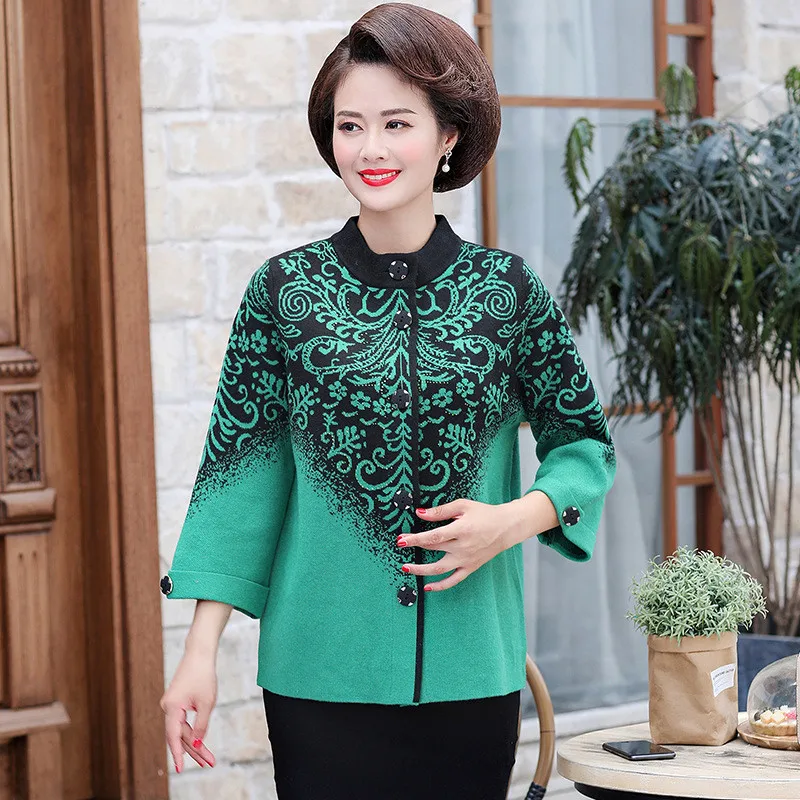 Middle-aged Elderly Women\'s Sweater Cardigan Coat New Autumn Winter Print Knit Jacket Single-Breasted Casual Coat Female Tops