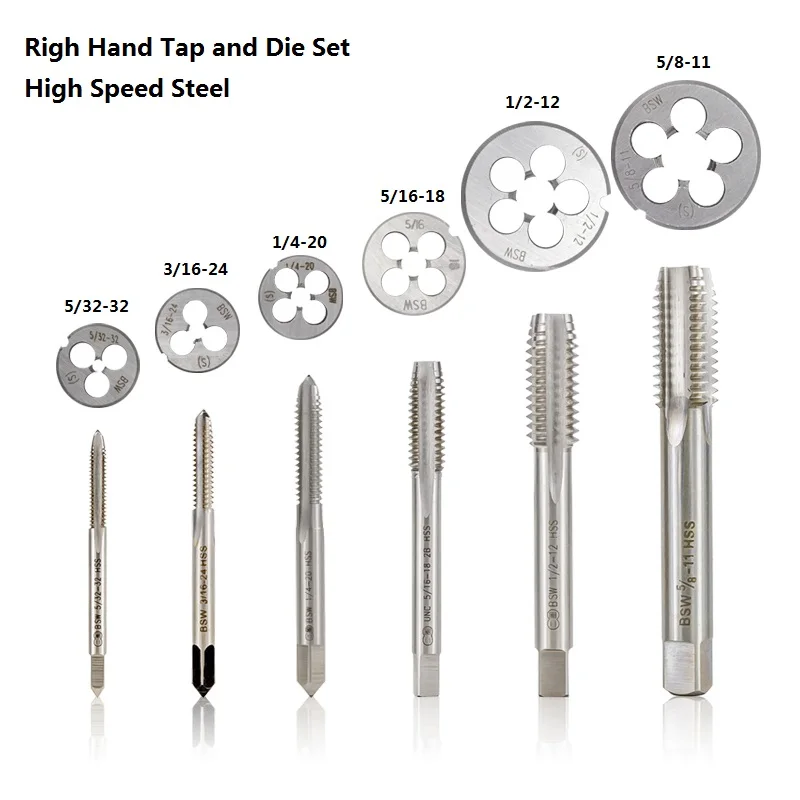 XCAN 2pcs Tap and Die Set Screw Thread Tap Drill HSS Right Hand Plug Tap Die BSW 5/32-32 3/16-24 5-16-18 1/4-20 1/2-12 5/8-11