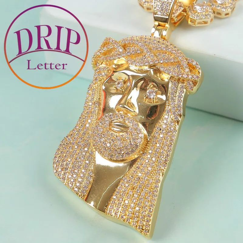 No Chain Big Religious Jesus Head Pendant 5A Cubic Zircon Men's Hip Hop Necklace Jewelry