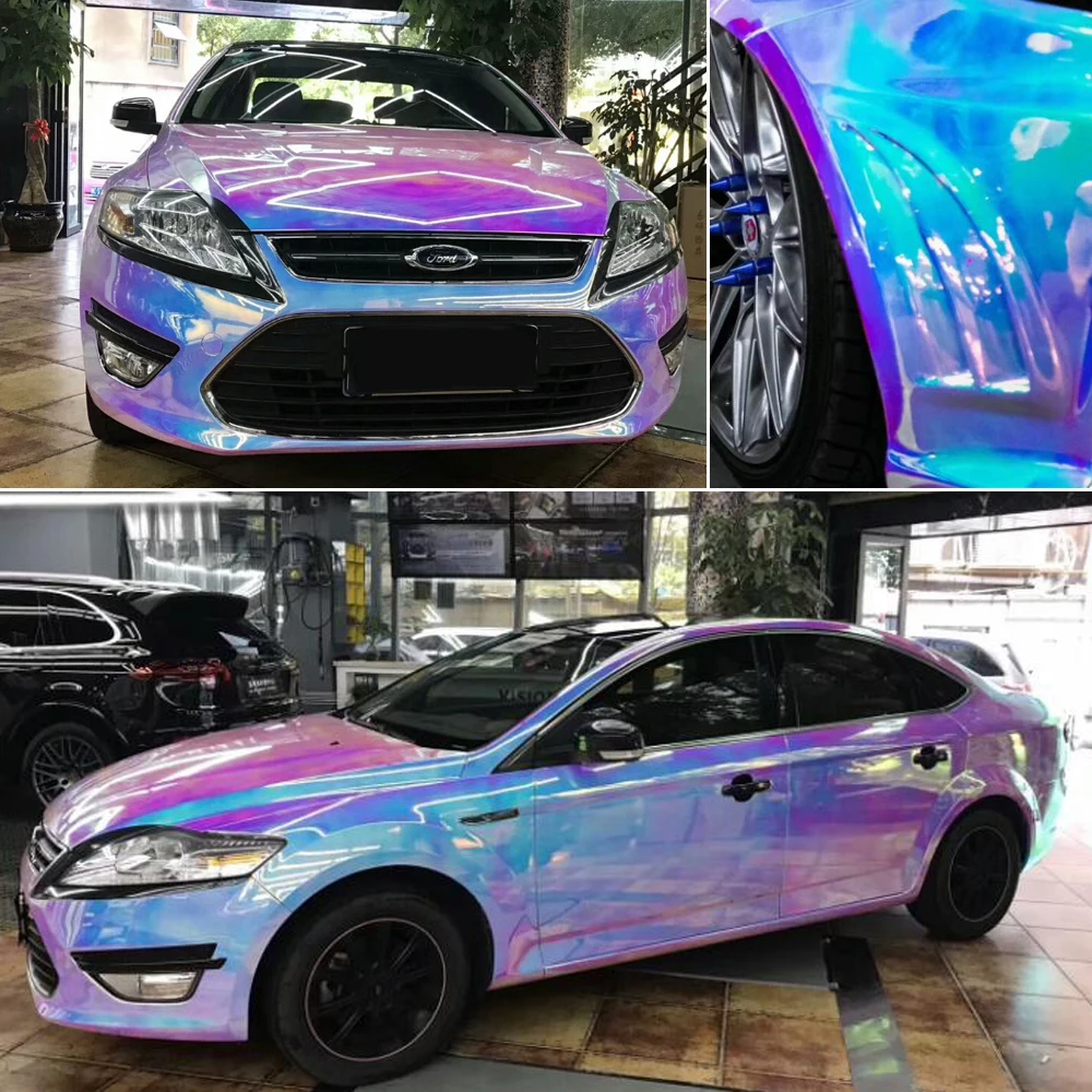 AuMoHall 1.35Mx18M Holographic Rainbow Chrome White Car Sticker Plating Car Body Vinyl Wrap Decals Film Roll, Not Stretchable