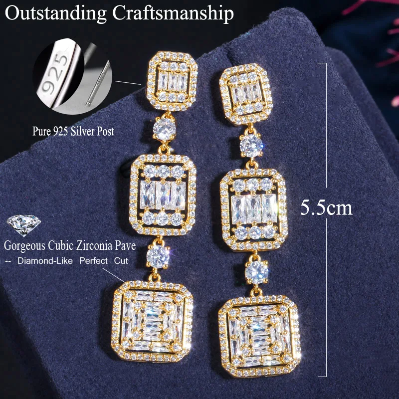 CWWZircons Very Shiny Square White Cubic Zirconia Silver Color Long Dangle Drop Engagement Party Earring Jewelry for Women CZ710