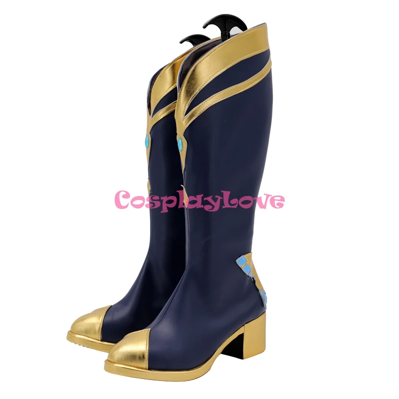 Cosplaylove conjunto estrelasena izumi azul cosplay sapatos botas longas de couro feito sob encomenda