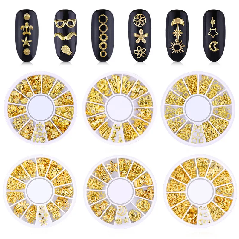 Nail Art Decoration Metal Mixed Shapes Geometry Hollow Golden 3d Tips For Uv Frame Epoxy Resin Jewelry Fillings