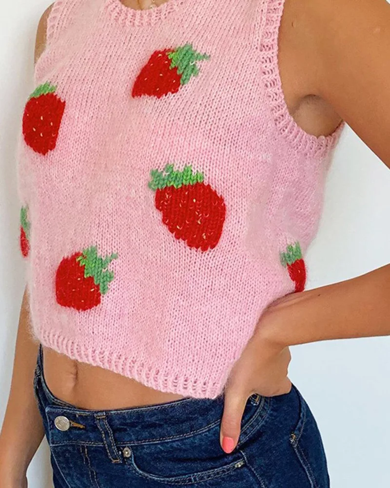 Sweet Sleeveless Sweater Vest Women Jumper Strawberry Knitted Crop Top Lady Streetwear Cute V-Neck Pullover Top Vest Autumn