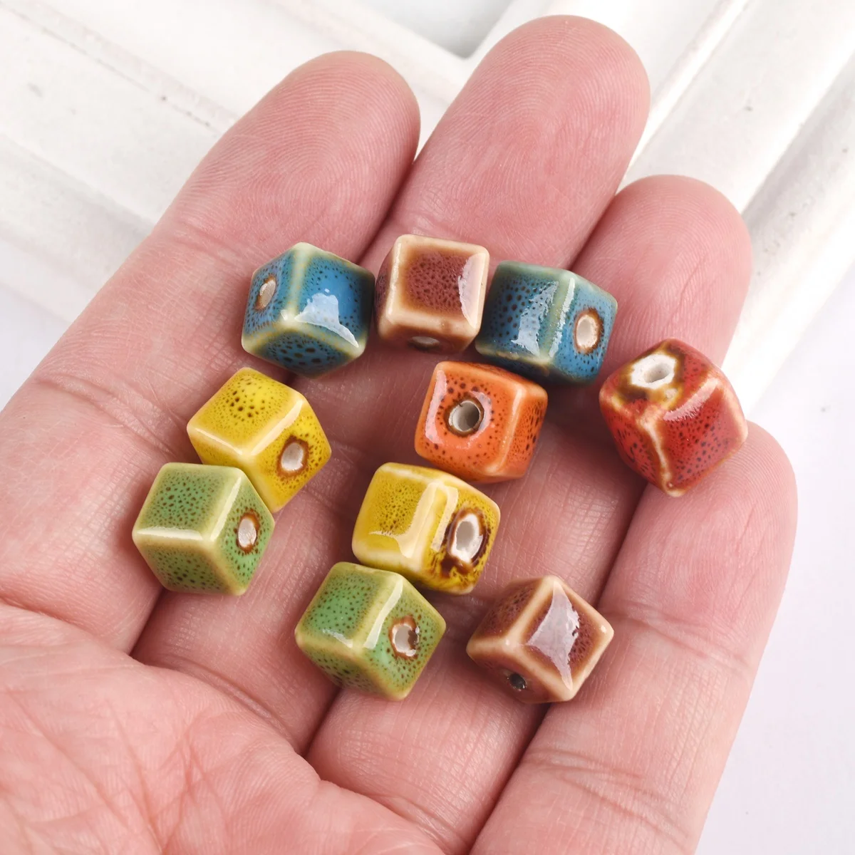 10pcs Cube Shape 10mm Handmade Fancy Glaze Ceramic Porcelain Loose Spacer Beads lot for Jewelry Making DIY Crafts Findings