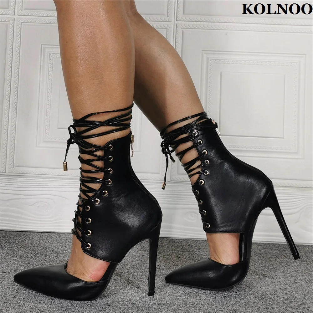 

Kolnoo Handmade New Style Real Photos Ladies High Heels Pumps Crisscross Shoelace Daily Wear Evening Fashion Court Black Shoes