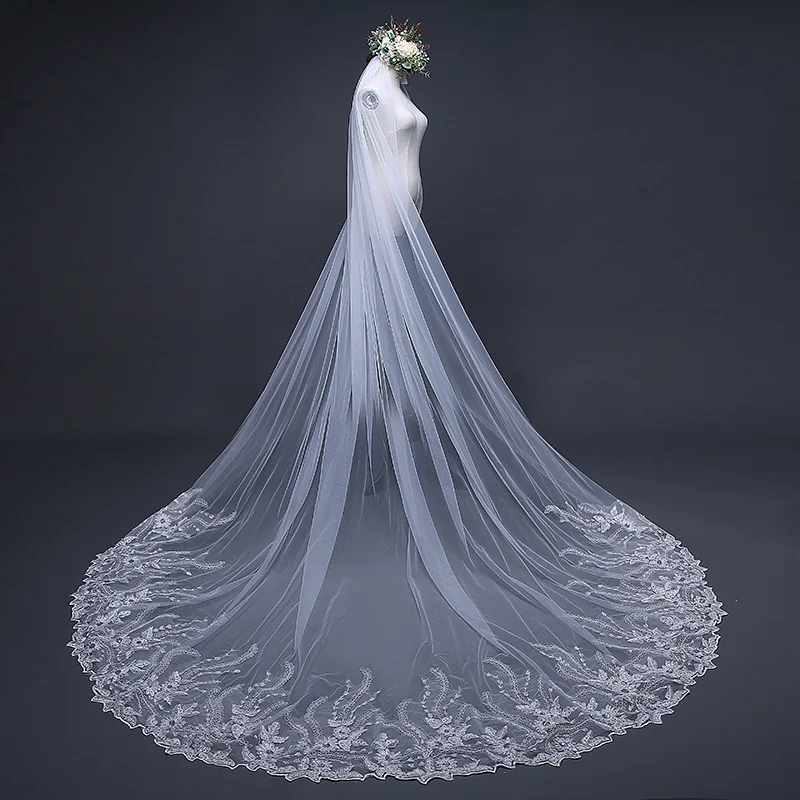 JaneVini Elegante Elfenbein Lange Kathedrale Hochzeit Schleier Eine Schicht Spitze Appliques Rand Kristall Braut Kopf Schleier Hochzeit Zubehör