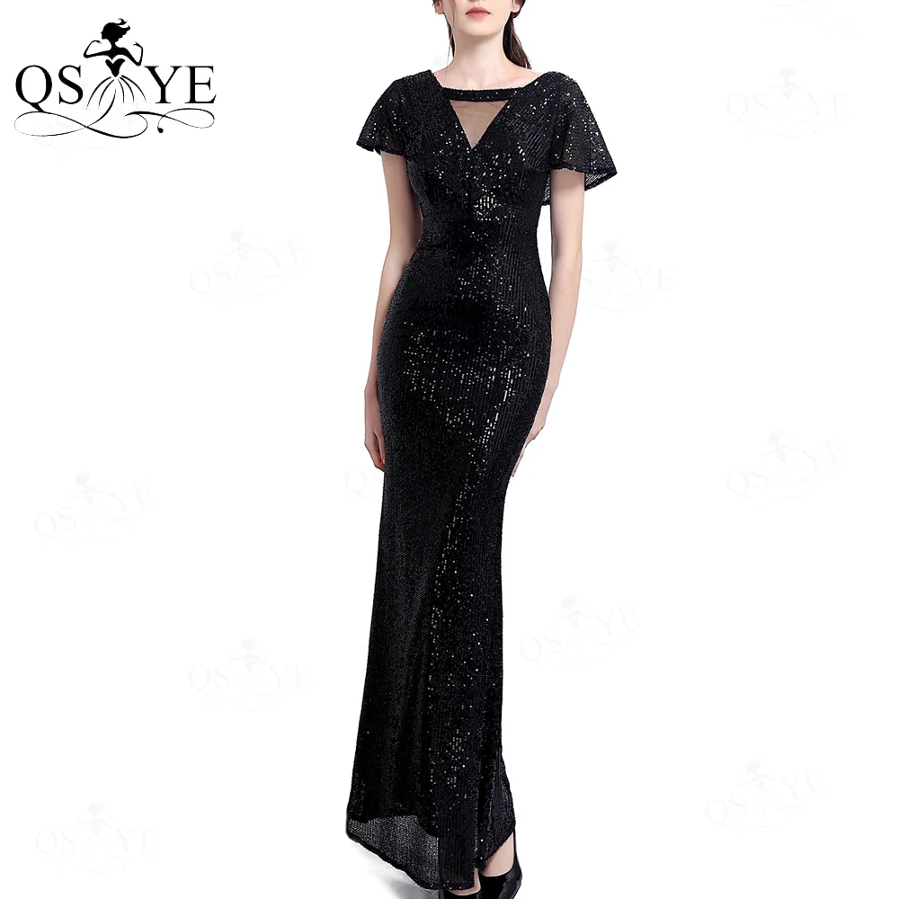 Unique Neck Black Evening Dresses Mermaid Cap Sleeves Long Evening Gown Elegant Glitter Open V Back Formal Party Dress Fitted