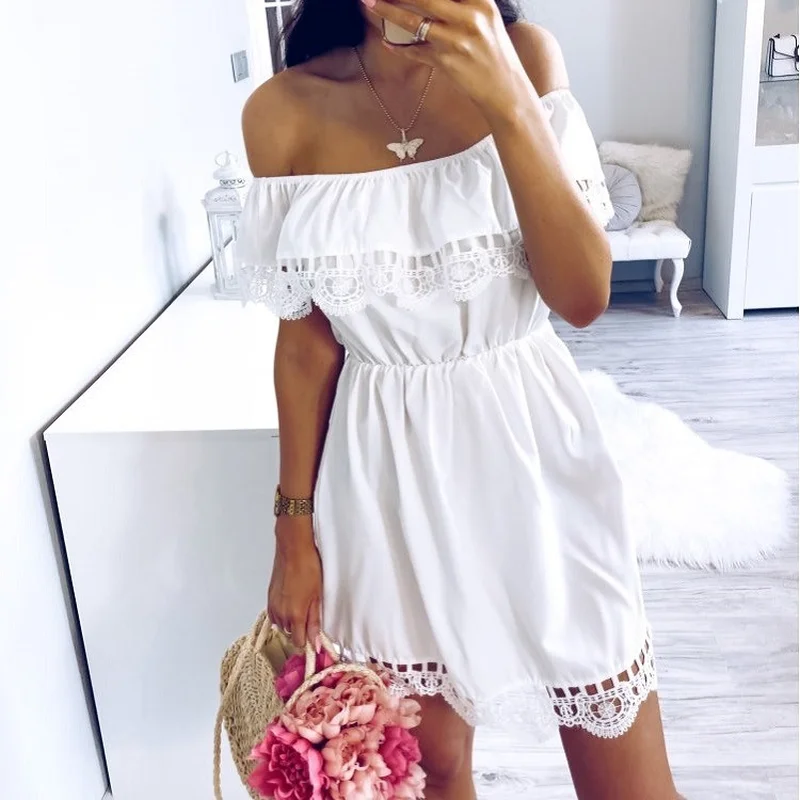 

Fashion Women Elegant Vintage sweet lace white Dress Stylish Sexy Slash Neck Casual Slim Beach Summer Sundress Female vestidos