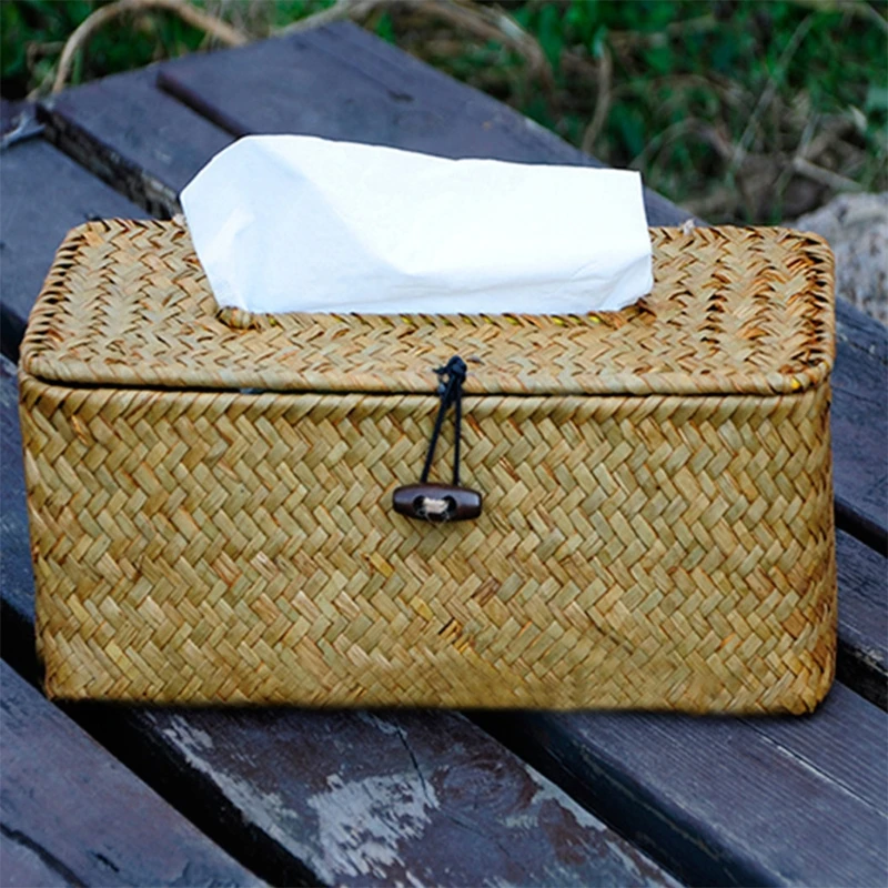 Rattan Tissue Box Cover Rectangular Napkin Case Woven Napkin Paper Container Home Car Napkins Holder Ofiice Home Organizer