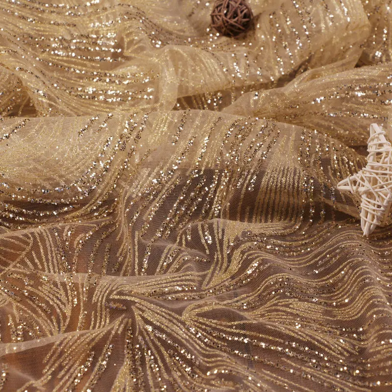 GLace Brocade Bronzed Mesh Fabric for Women Dress, Decoração do casamento, Champagne, Silver Stripe, Translúcido, 1Y por lote, TX1445