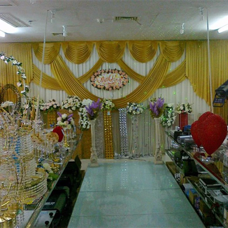

Elegant cheap wedding backdrop gold ice silk fabric backdrop curtain wedding decoration swags size and color can be customized