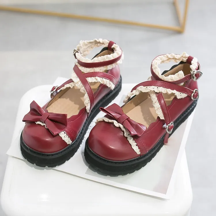 일본 메리 제인 소녀 데일리 빈티지 스위트 로리타 라운드 헤드 버클 여성 신발 레이스 업 Bowknot Kawaii 신발 Loli Cosplay