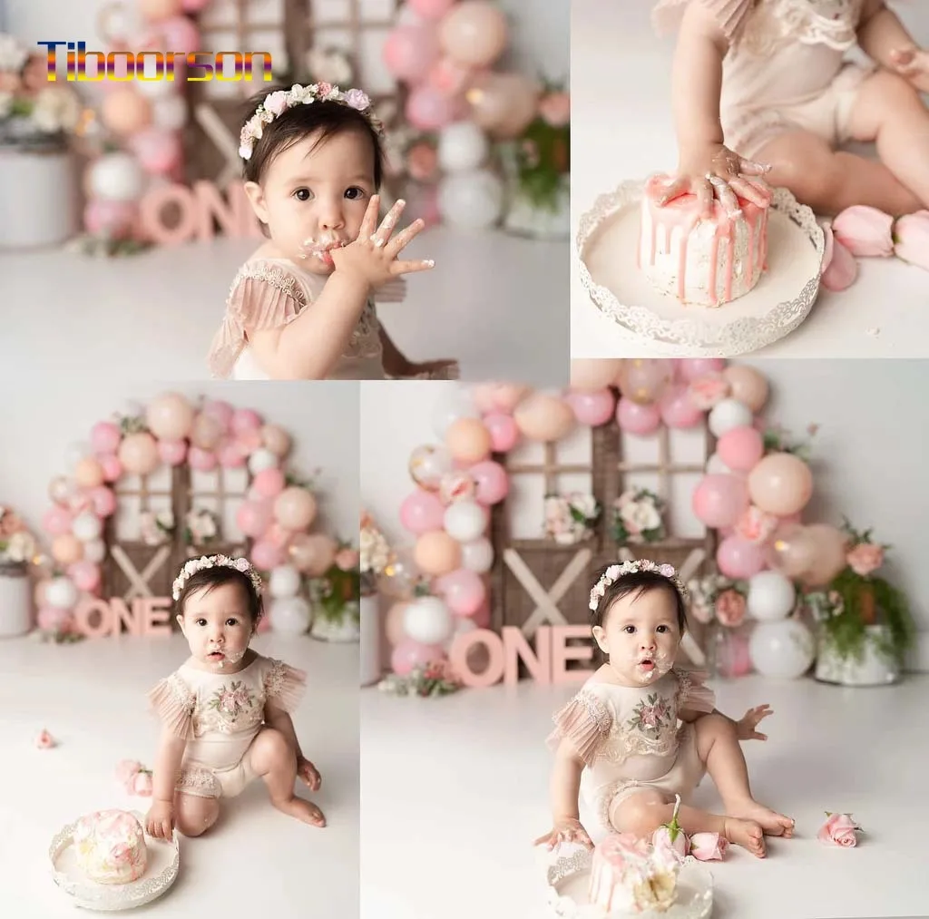 

Children's Birthday Party Theme Photo Backdrops Pink Ballons Arch With Flowers One Year Celebration Photography Props Photocall