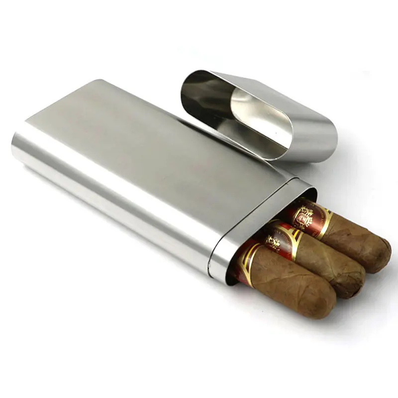 304 Stainless Steel Cigar Box Case Holder 3 Pcs Cigars Pipe Tubes Smoking Storage Humidor Accessories 173x70x26mm