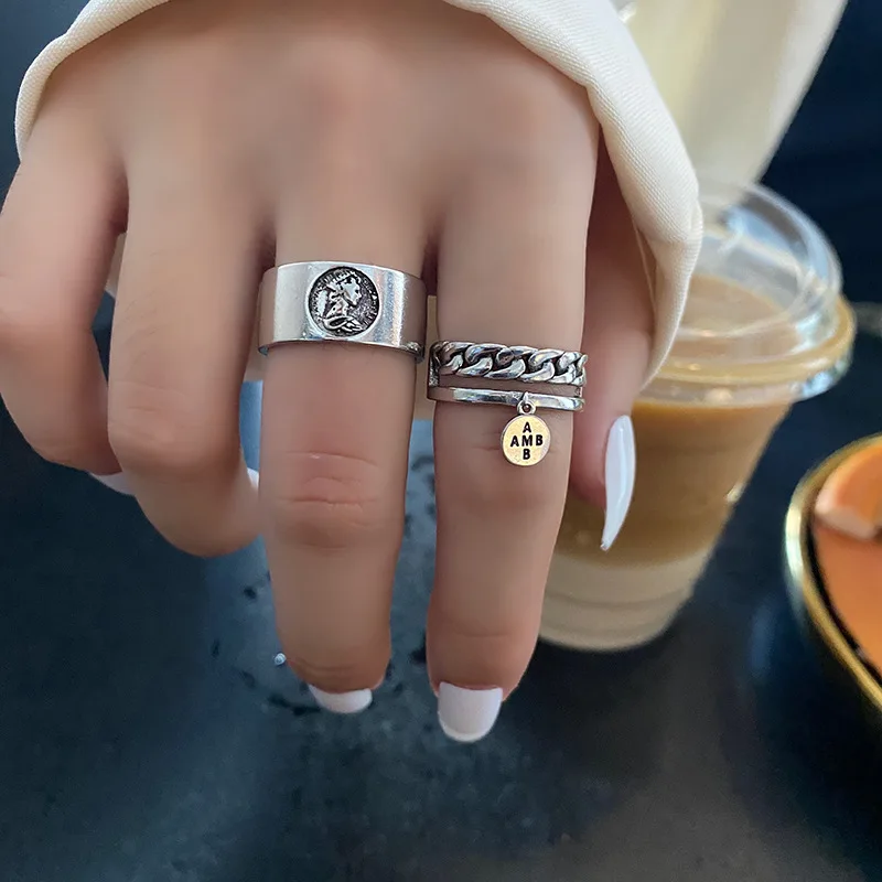 Vintage Geometric Portrait Wide Ring For Women With Simple Circular Letter Pendant Open Adjustable Index Finger Accessory Gift