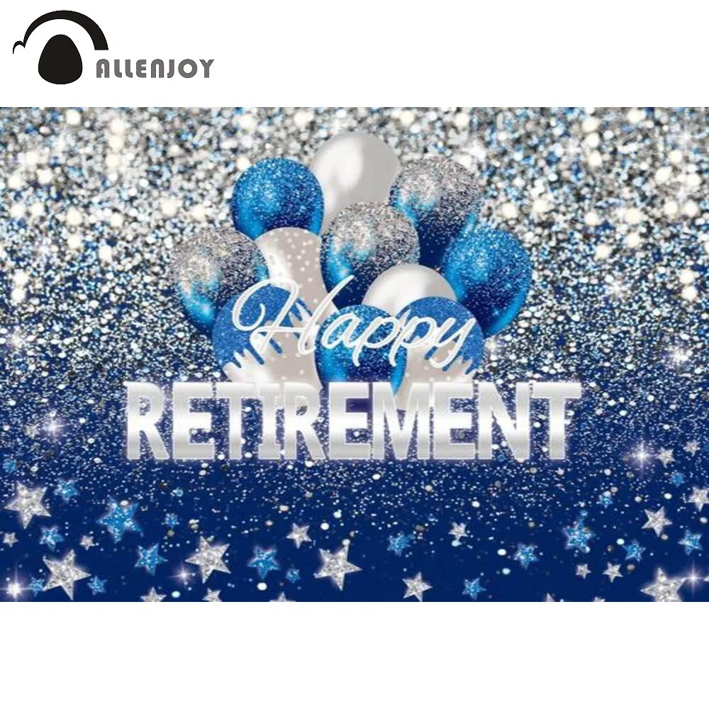 Allenjoy Happy Retirement Backdrop Navy Blue and Silver Retire Party Supplies Glitter Balloons Stars Decor Banner Background