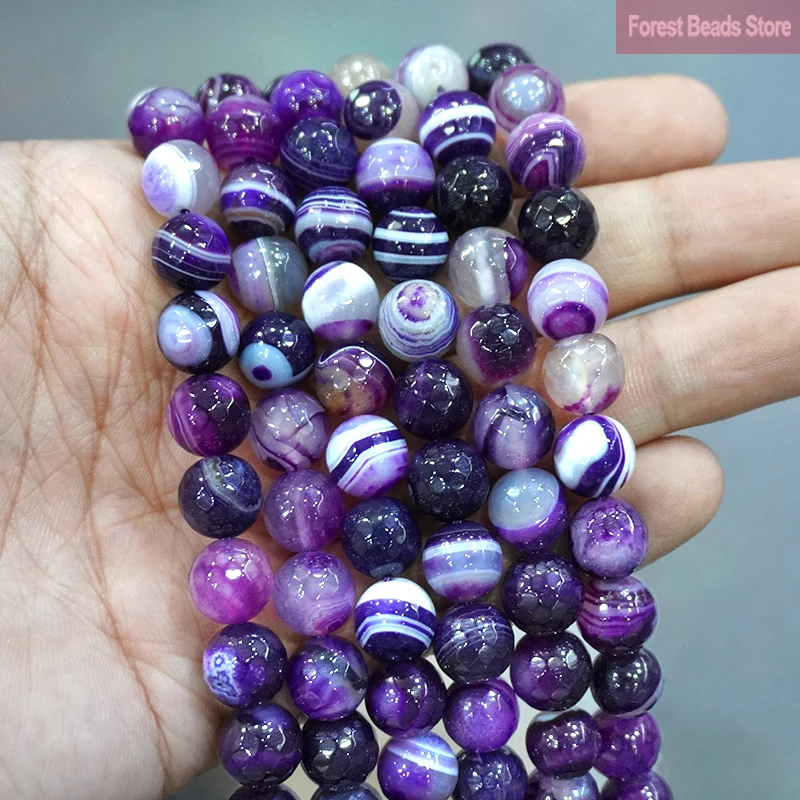 Faceted Natural Purple Striped Agates Onyx Round Loose Beads DIY Bracelet Accessories For Jewelry Making 15'' 4/6/8/10/12mm