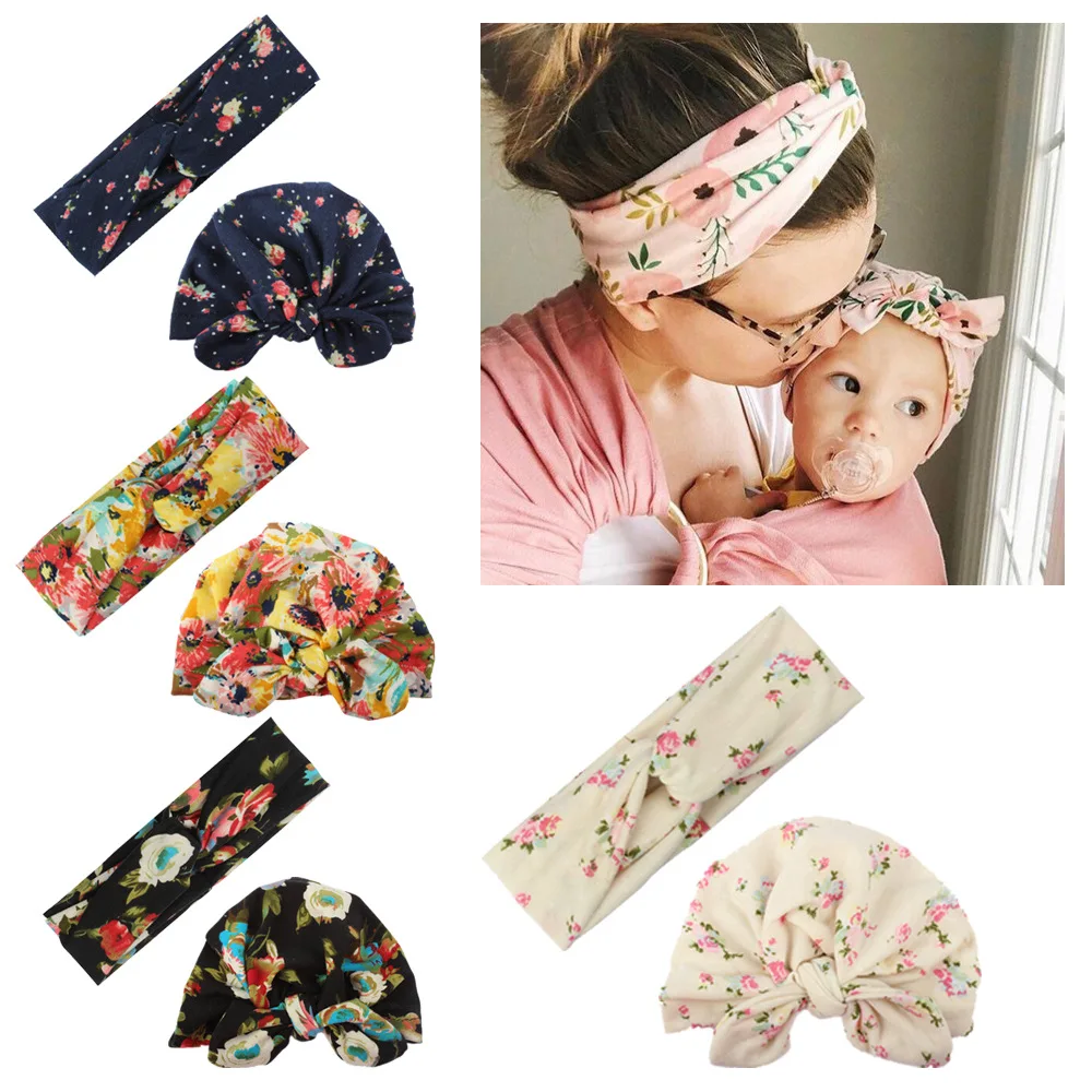 4PCS/pair  Baby Mom Fashion Hairband Hat Set Flower bow shape design Parent-child clothing accessories  Girl with hair band Soft