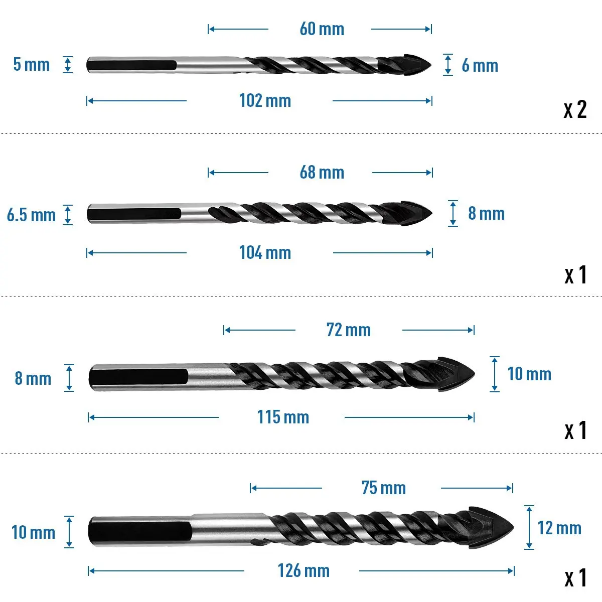 5Pcs/set 6-12mm Multi-Material Tungsten Carbide Tip Tile Drill Bit For Ceramic Concrete Brick Wall Glass Mirrors Plastic Wood