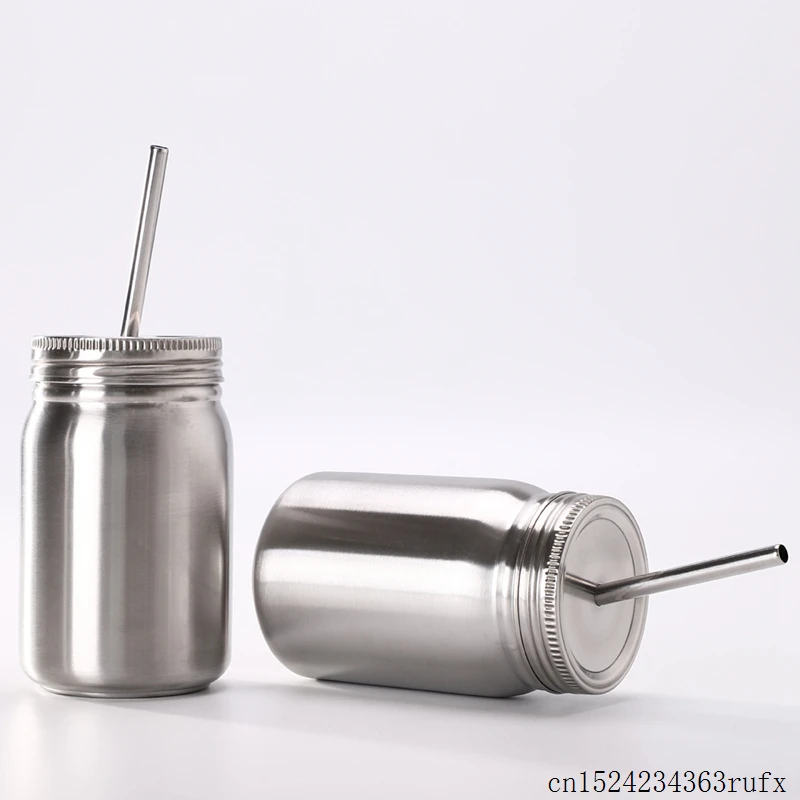 500ml Jar Double Stainless Steel Cup with Lid Straw Coffee Cups Beer Bottle Juice Cup