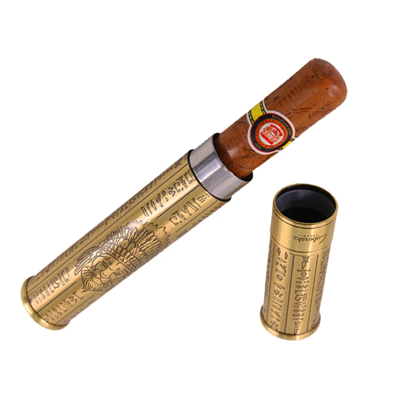 LUBINSKI Portable Cigar Tube with Gift Box Gold Copper Carving Single Cigar Accessories Big Diameter Gadgets Travel Humidor