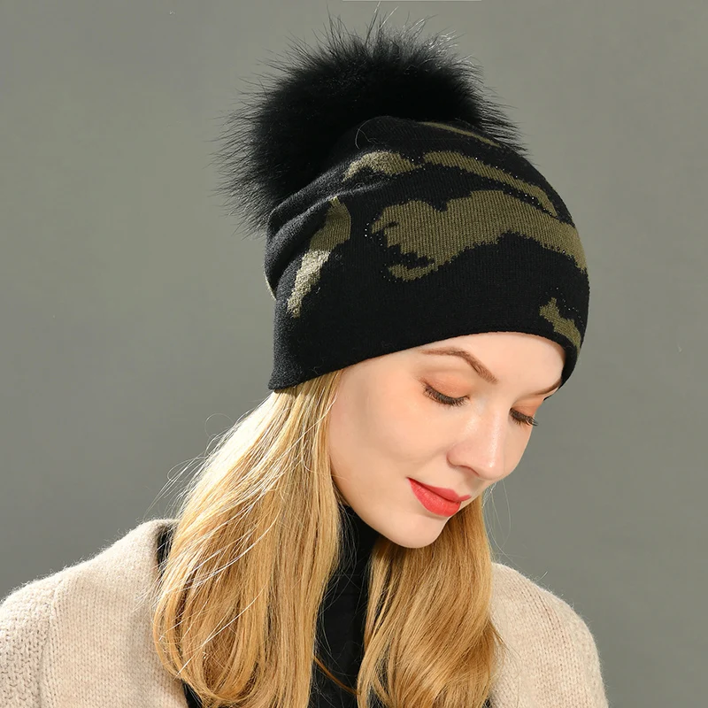 Jxwatcher Wool Beanies Hat Women Real Raccoon Fur Pom Pom Hats Girls Female Wool Knitted Beanie Warm Winter Hats with Rhinestone