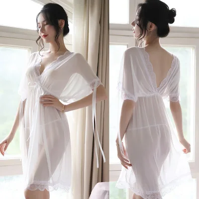 Nuisette Femme Sexy Lingerie European American Deep V Gauze Night Dress Short Sleeve Summer Nightgown Short Women\'s Nightdress