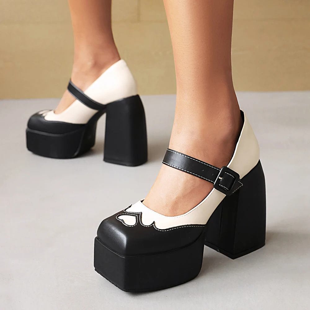 Stitched Love Pattern Super High-Heel Platform Women's Shoes With Square Toe Buckle Color-Block Platform Heel Pumps