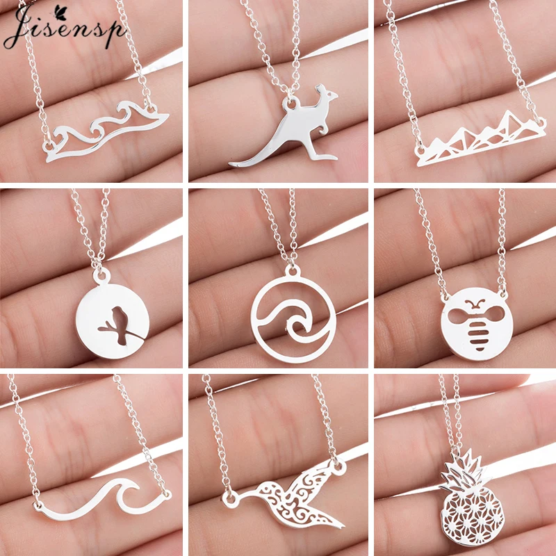 Stainless Steel Necklace Women Chokers Simple Cute Snow Mountain Pendant Bee Wave Hummingbird Necklaces Christmas Jewelry 2024