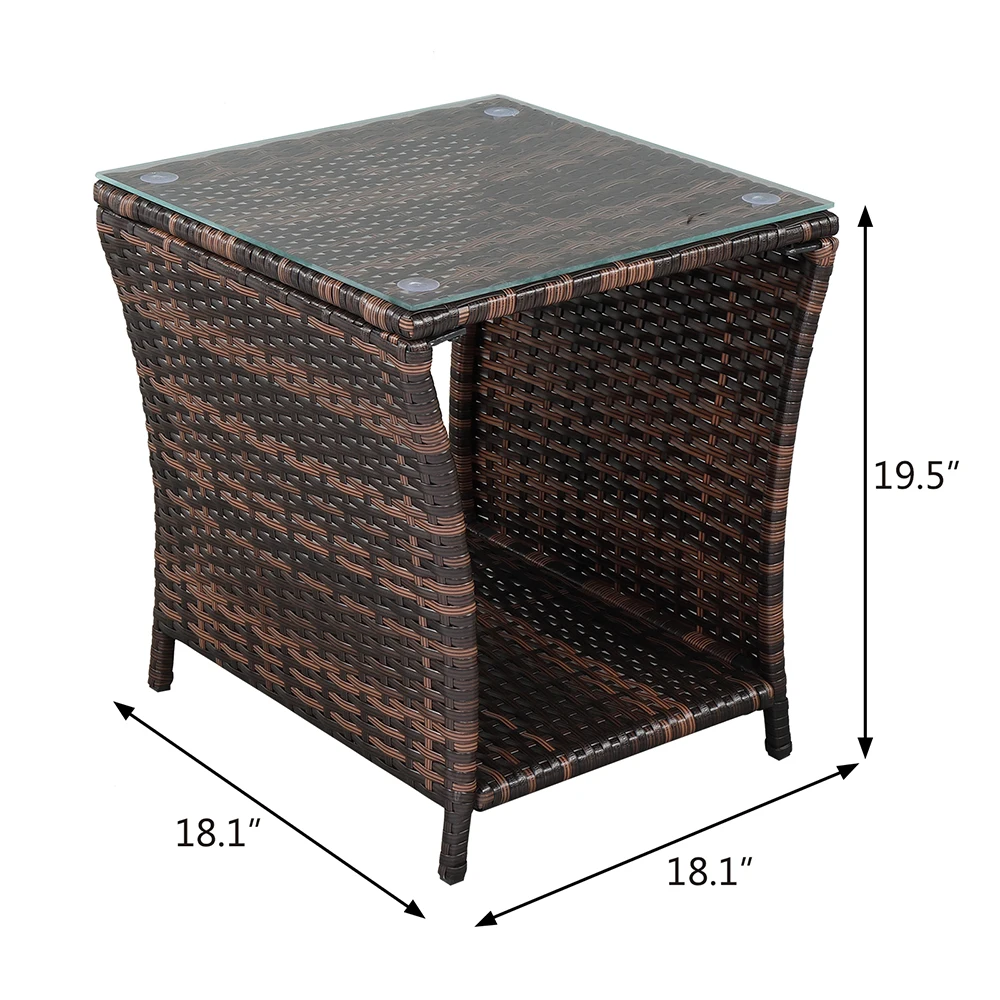 46x46x49.5CM Rattan Side Coffee Table Glass Surface Brown Gradient Iron Frame Outdoor Balcony Furniture[US-Depot]