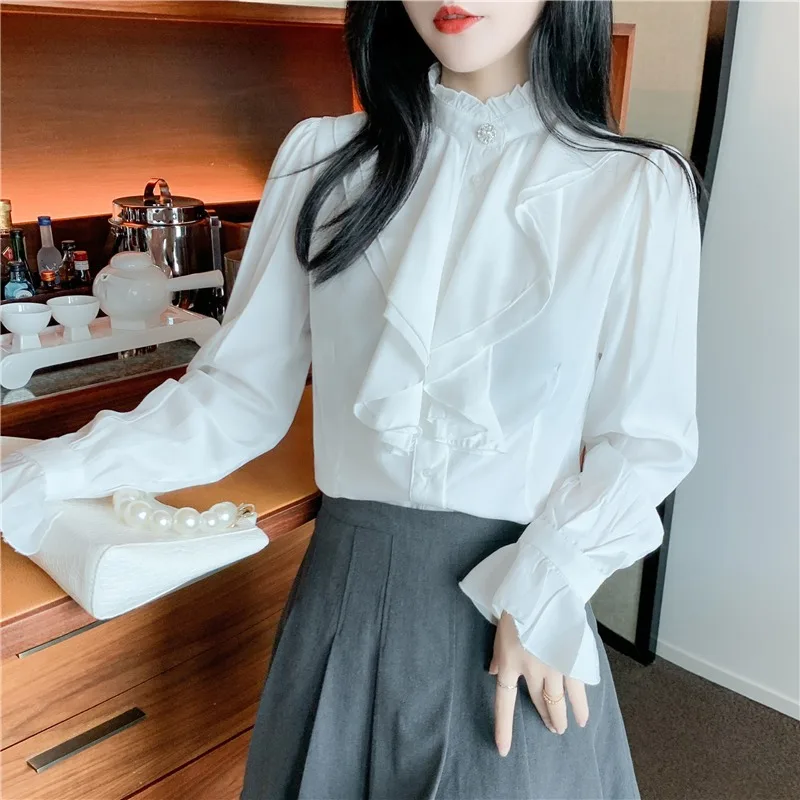 Trumpet Flare Long Sleeves Shirts Women White Blouse Medieval Victorian Royal Court Palace Tops Large Size Flounce Frill Camisa