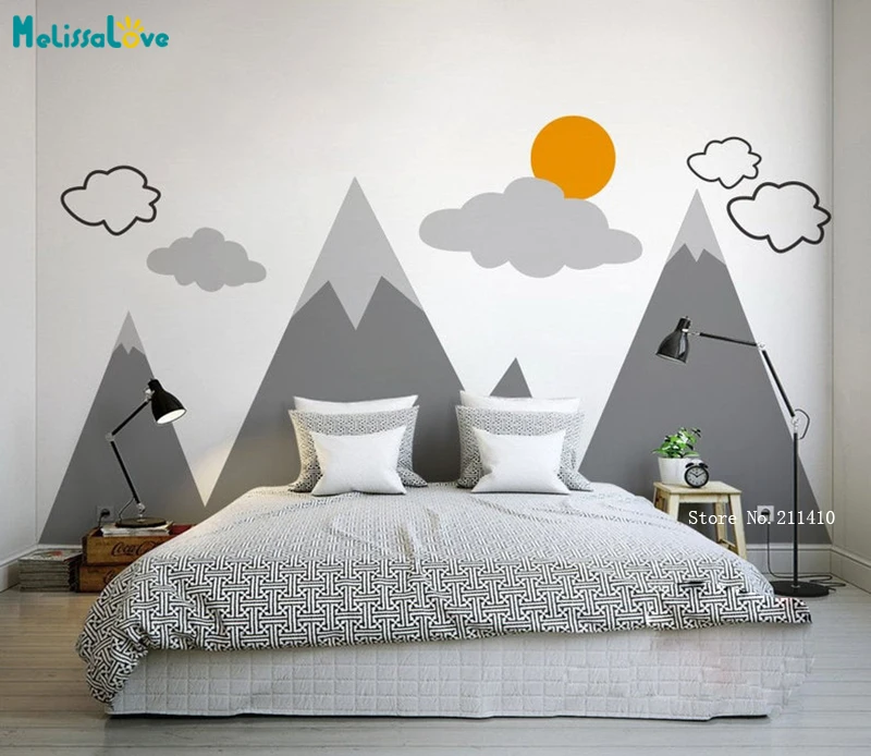 

Cartoon Mountains Decals For Kids Room Nursery Decor Lovely Decals Set With Sun Clouds Self-adhesive Murals YT5305