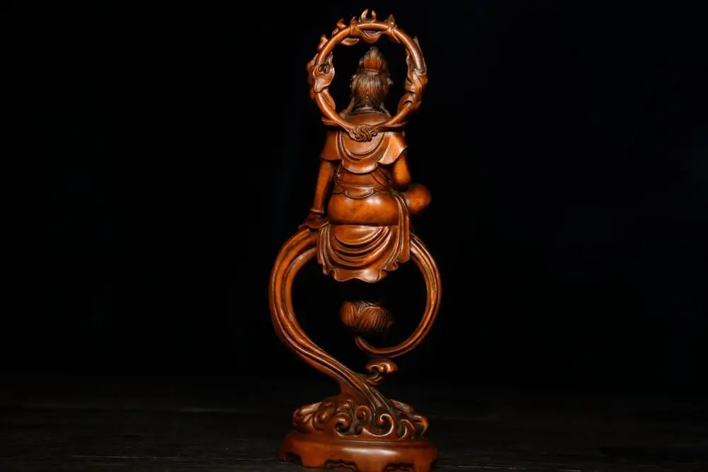 

7"Xizang Folk Collection Old Boxwood Guanyin Buddha Statue Flame Backlight Avalokitesvara Worship Hall Town house