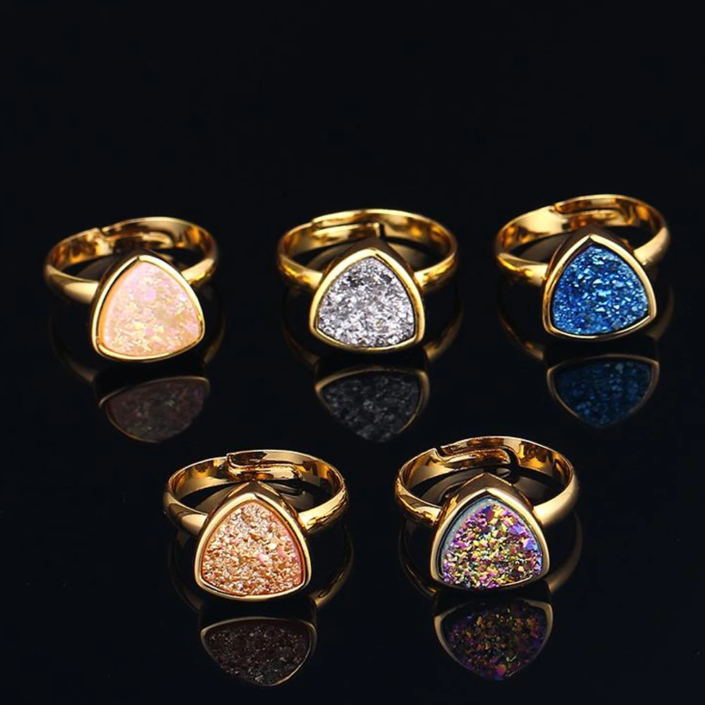 ShinyGem 2020 10mm Triangle Crystal Opal Rings Adjustable Size Natural Druzy Rings Fashion Gold Plating Wedding Rings For Women