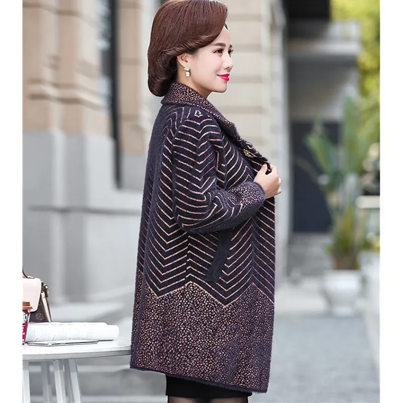 UHYTGF Elegant Mom Autumn winter wool coat fashion stripe Cardigan 4XL Big size tops Imitation Mink Cashmere woolen jacket 487