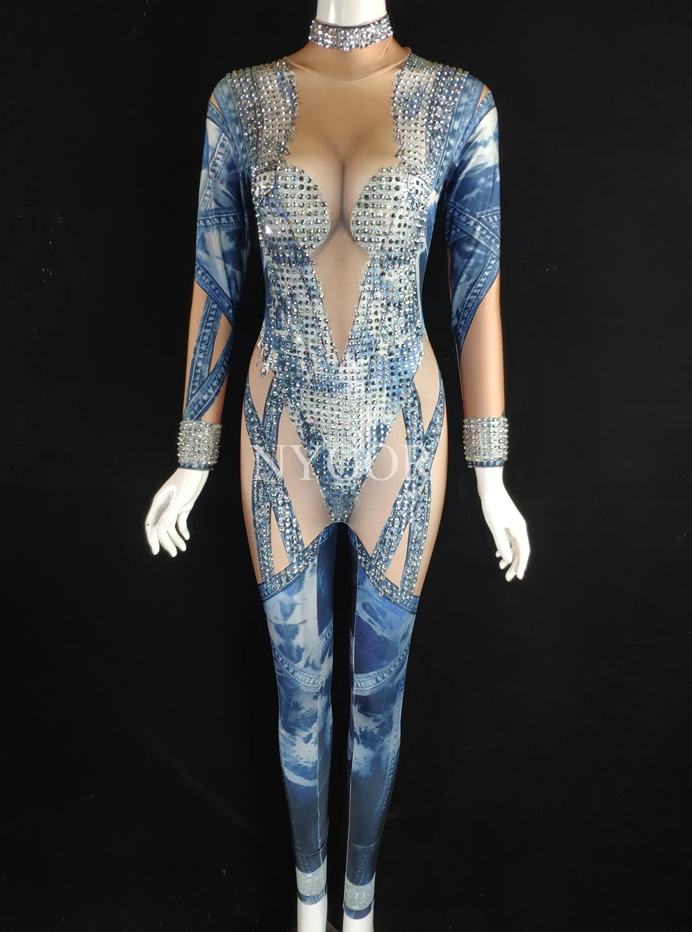 DENIM พิมพ์ Sparkly Rhinestones Jumpsuit เซ็กซี่ผู้หญิงเวทีเต้นรำ Bodysuit Nightclub สวมใส่