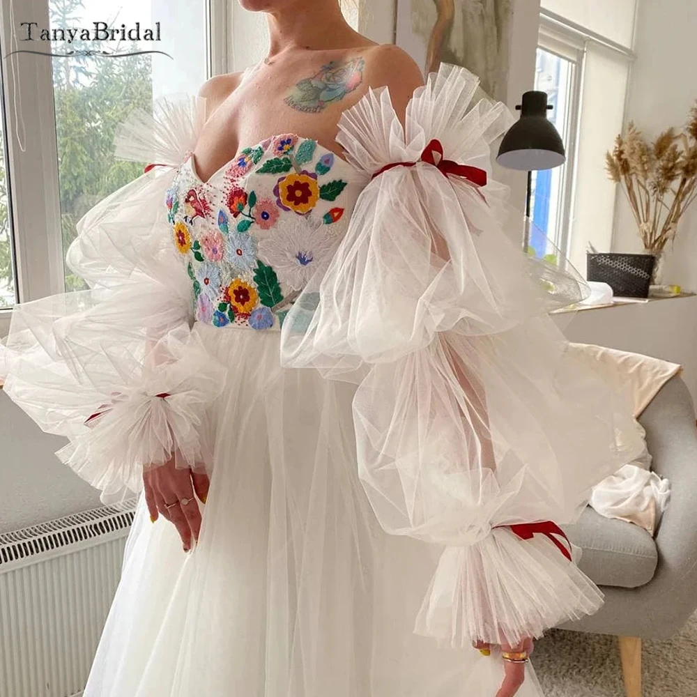Removeable Tulle Sleeves Ivory Color With Red Ribbon Romantic Free-Spirited Bridal Sleeve Chic  DG052