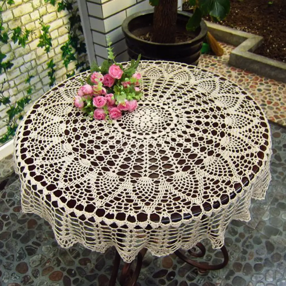 

Round Cotton Hand Crochet Hollow Out Tablecloth Wedding Dining Table Cloth Cover