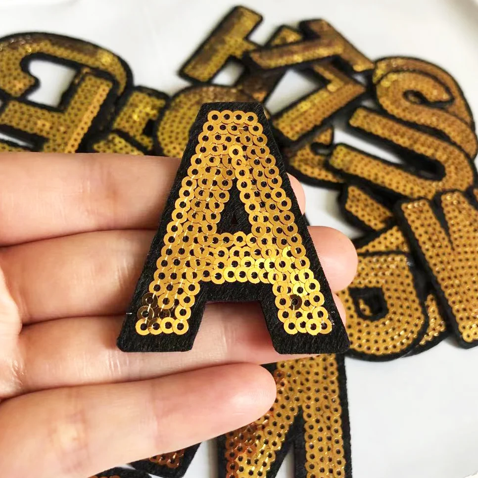 Gold English Letters Alphabet Sequins Embroidered Patches For Clothing Bags Jacket Sew On Accessories DIY Name Patch Applique