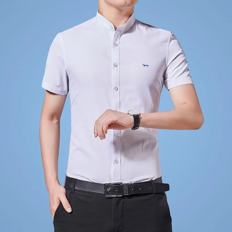 

New Men Summer Casual Business Slim Fit 100%Cotton Solid Short Sleeve Blouses Harmont Blaine Embroidery Shirts