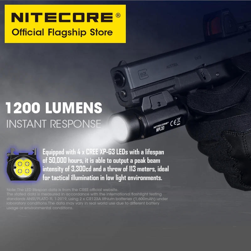 NITECORE NPL30 Weapon Light Tactical Gun Lamp 1200 Lumens LED Army Flashlight for Pistol Airsoft Picatinny Rail, GR123A Battery