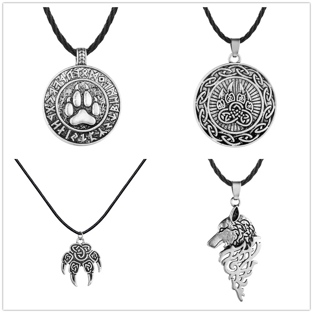 Antiquing Viking Runes Talisman Jewelry Slavic Veles Symbol Kolovrat Pendant Wolf Bear Paw Amulet  Necklace Men Pagan