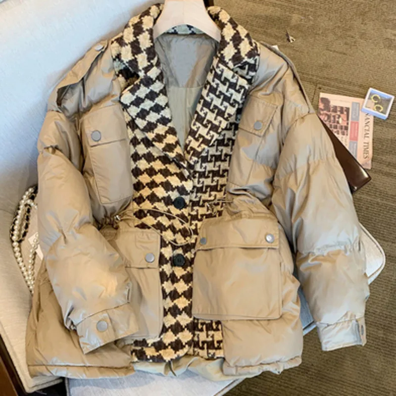 Koreaanse Houndstooth Taille Katoenen Jas Vrouwen Herfst Winter Stiksels Mid-Lengte Dikke Warme Jas Pocket Casual Vrouwelijke Uitloper